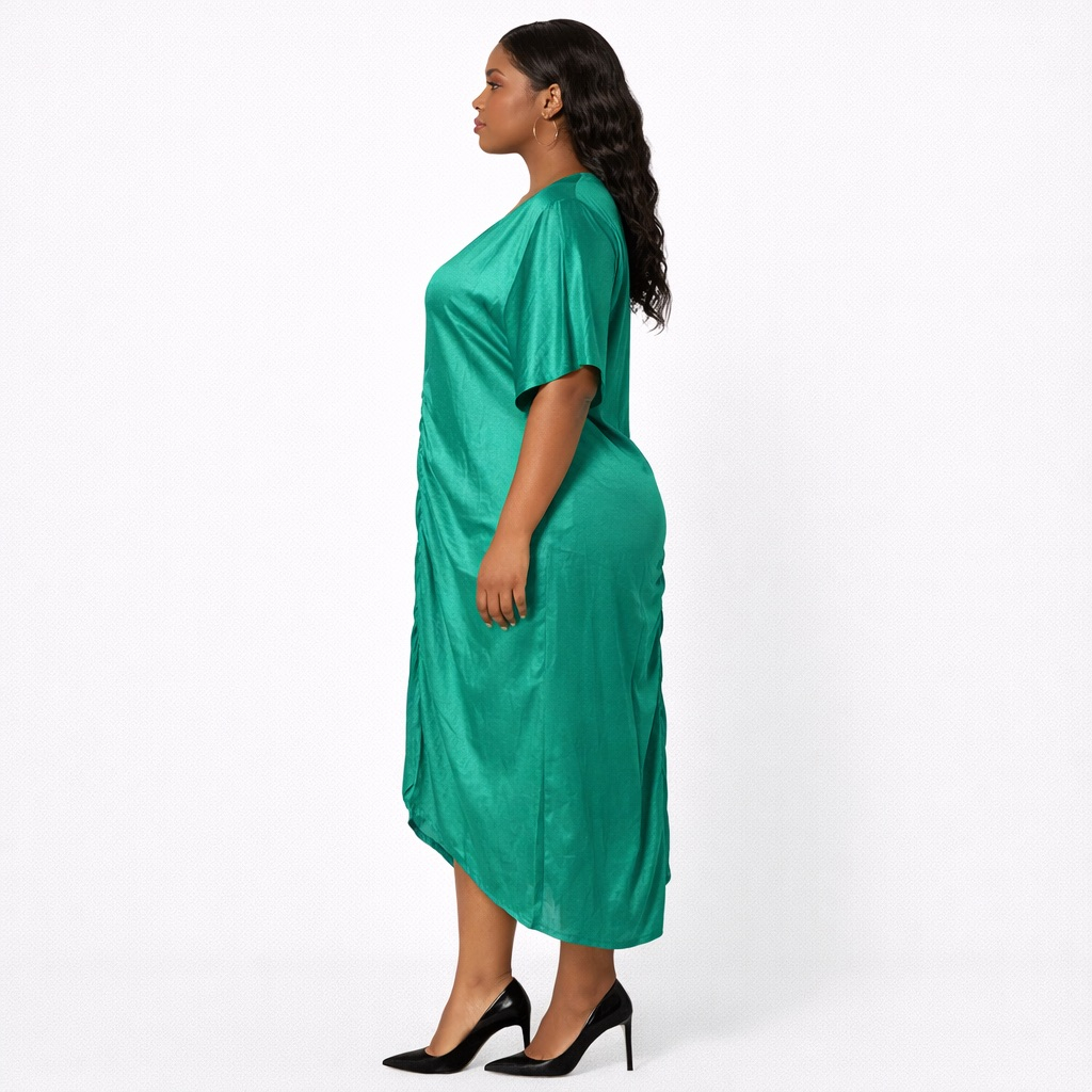 Emerald Green  Draped Midi  Dress with Front Ruched Detail