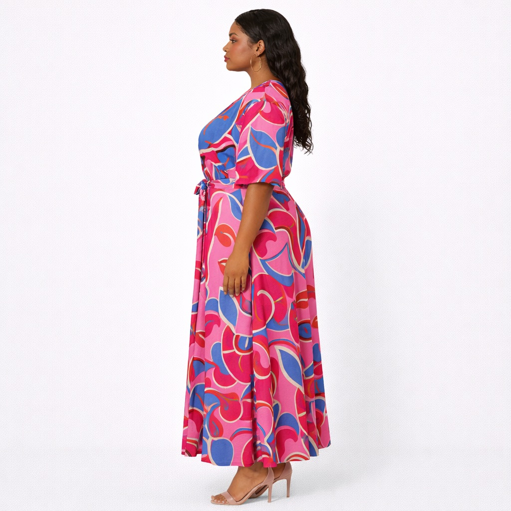 Multicolor Wrap Midi Dress with Abstract Print and  Waist Tie
