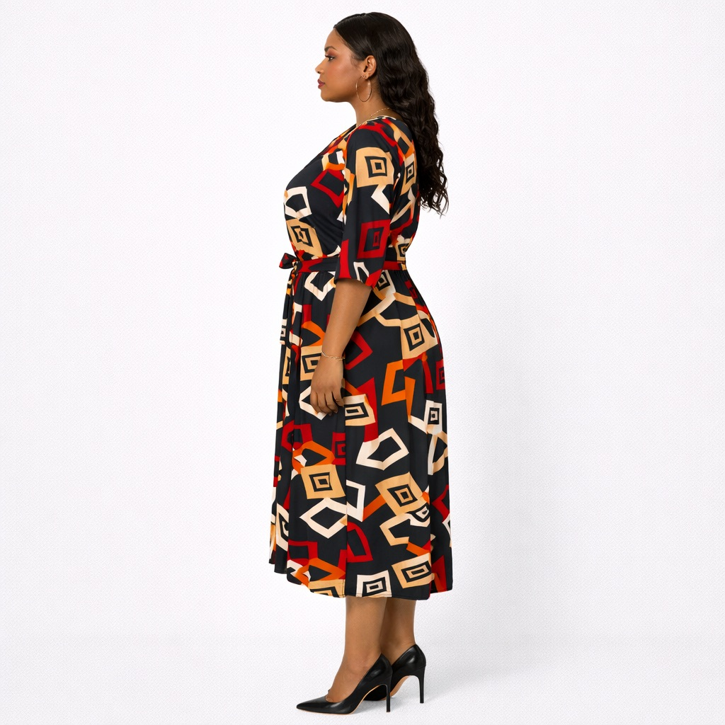 Multicolor  Geometric Print Midi Dress with Front  Zip and Waist Tie