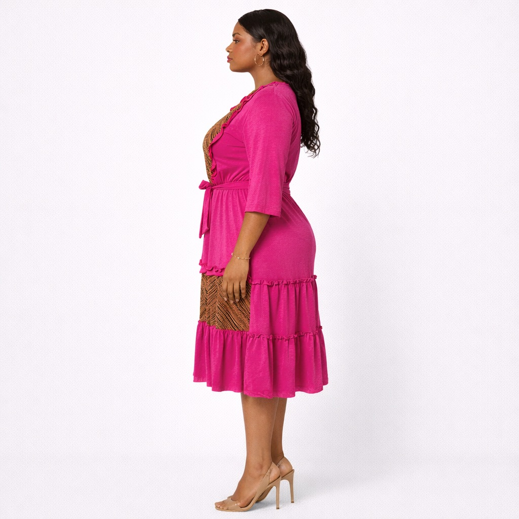 Pink Contrast Layered Midi Dress with Ruffle  Detail and  Waist Tie