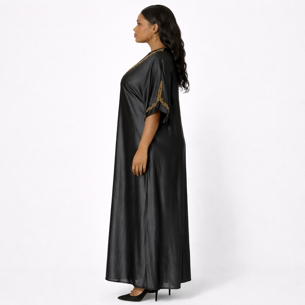 Black Satin  Maxi Dress with  Embellished VNeck Detail