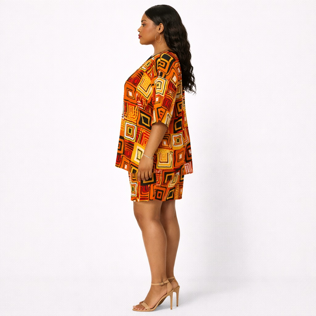 Orange  Geometric Print TwoPiece Short Set  with Stud Detail
