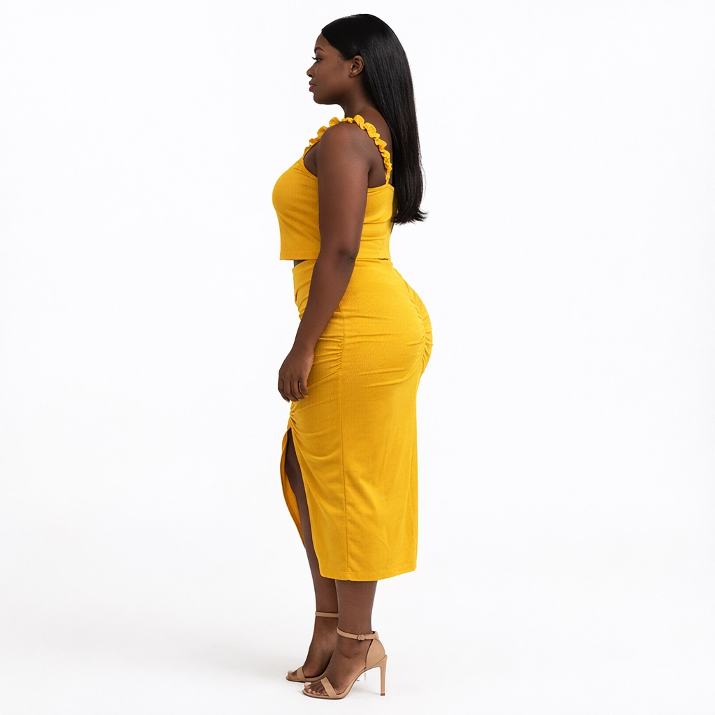 Yellow Ruched Two Piece Skirt Set with Ruffle Strap Top
