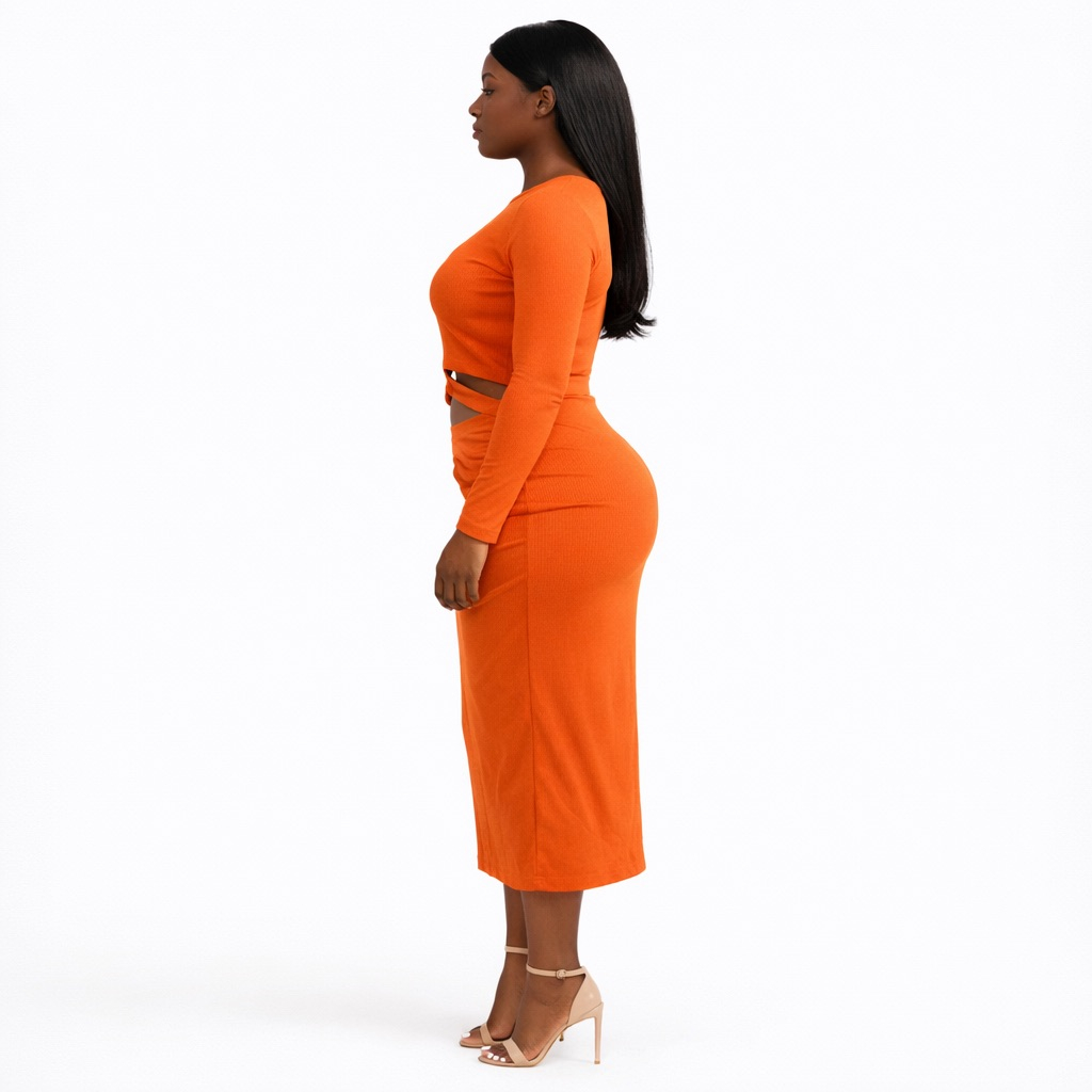 Orange Cut Out Ruched Two Piece Skirt Set with Long Sleeve Top