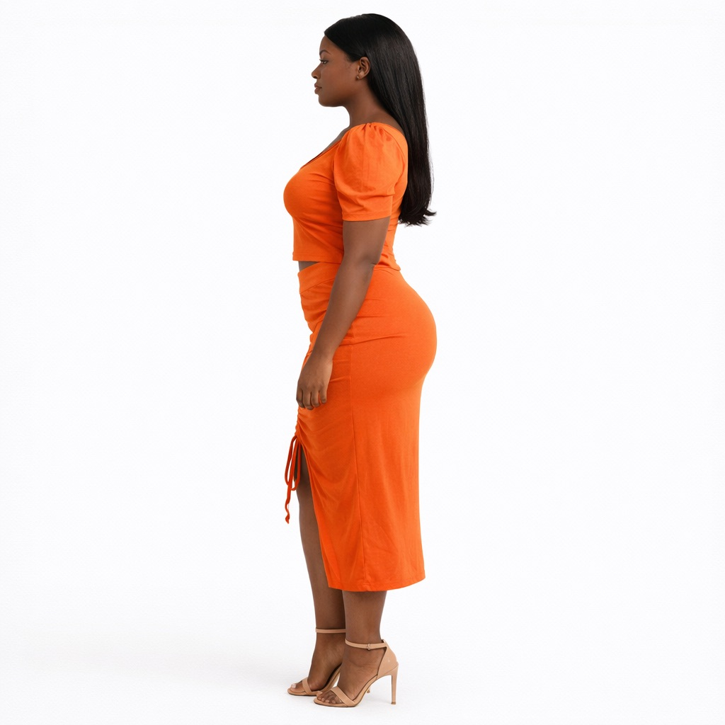 Orange Ruched Two Piece Skirt Set with Puff Sleeve Crop Top