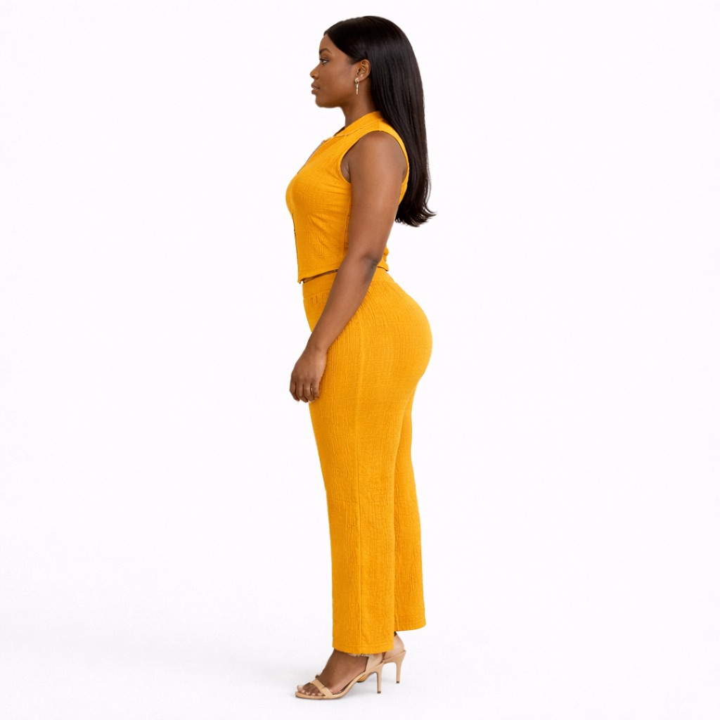 Mustard  Textured Two Piece Pant  Set with Zip Up Sleeveless Top