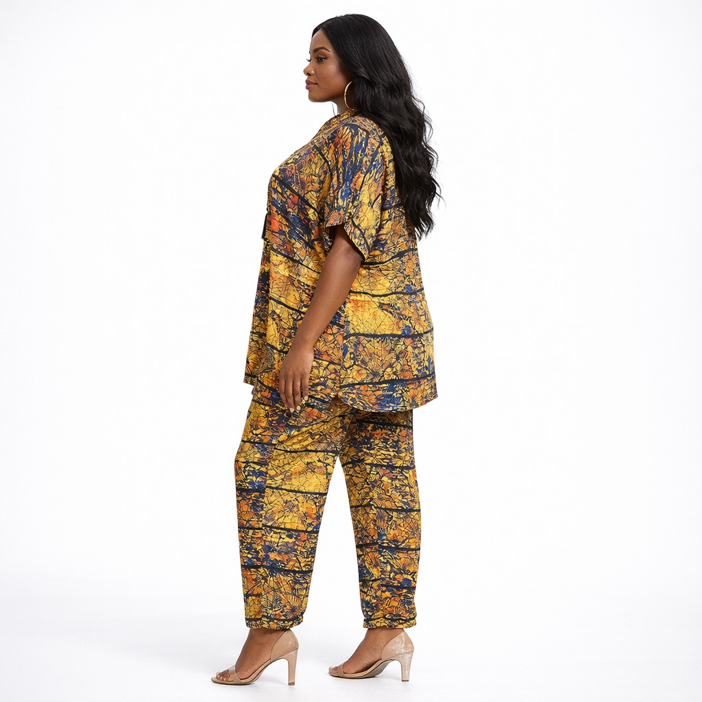 Multicolor Abstract Print Two Piece Pant Set  with Tassel Detail Top