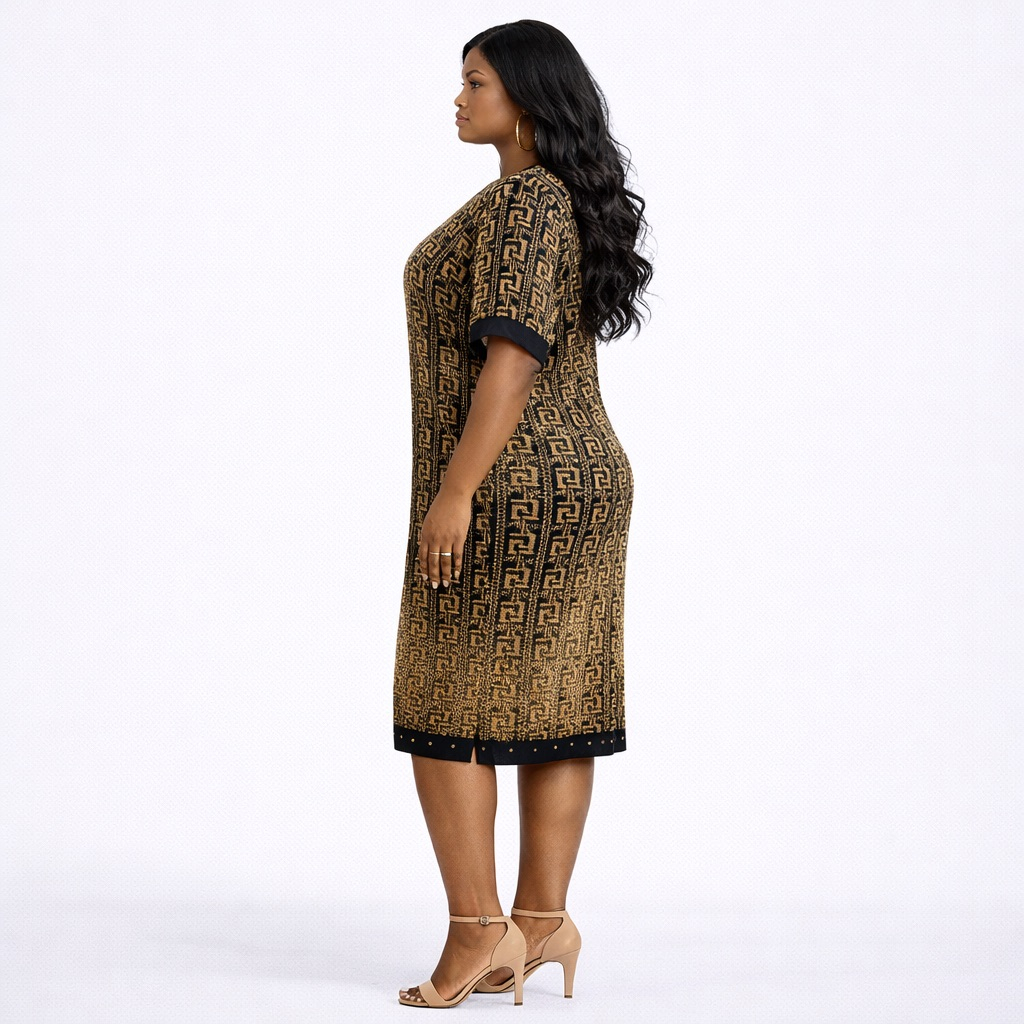 Brown and Black Patterned Kaftan Dress with Short Sleeves
