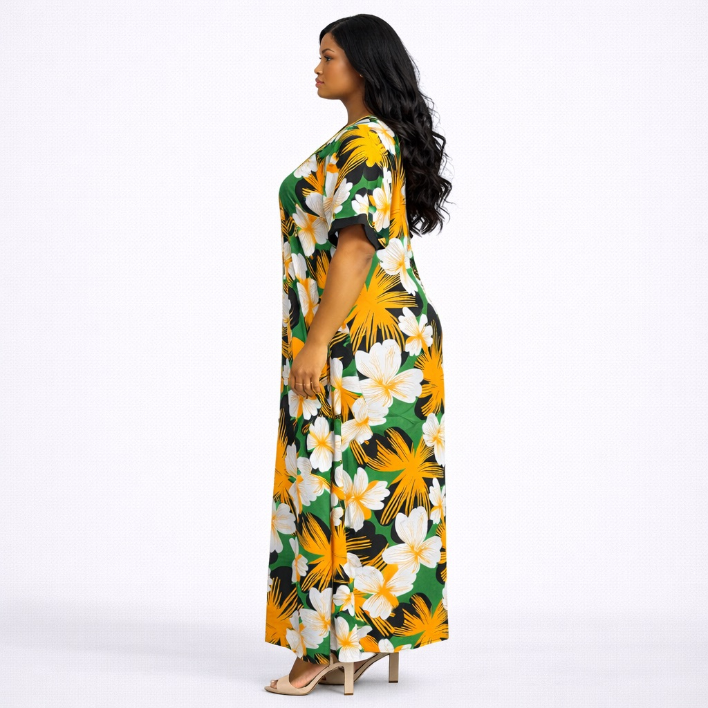 Green Floral Print Maxi Kaftan Dress with Short Sleeves