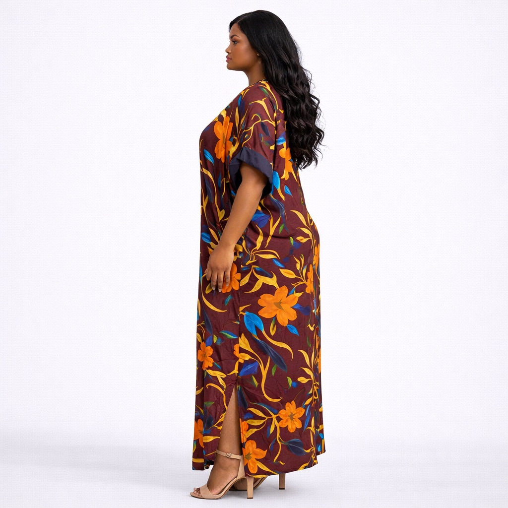 Burgundy Floral Maxi Kaftan  Dress with Embellished Neckline