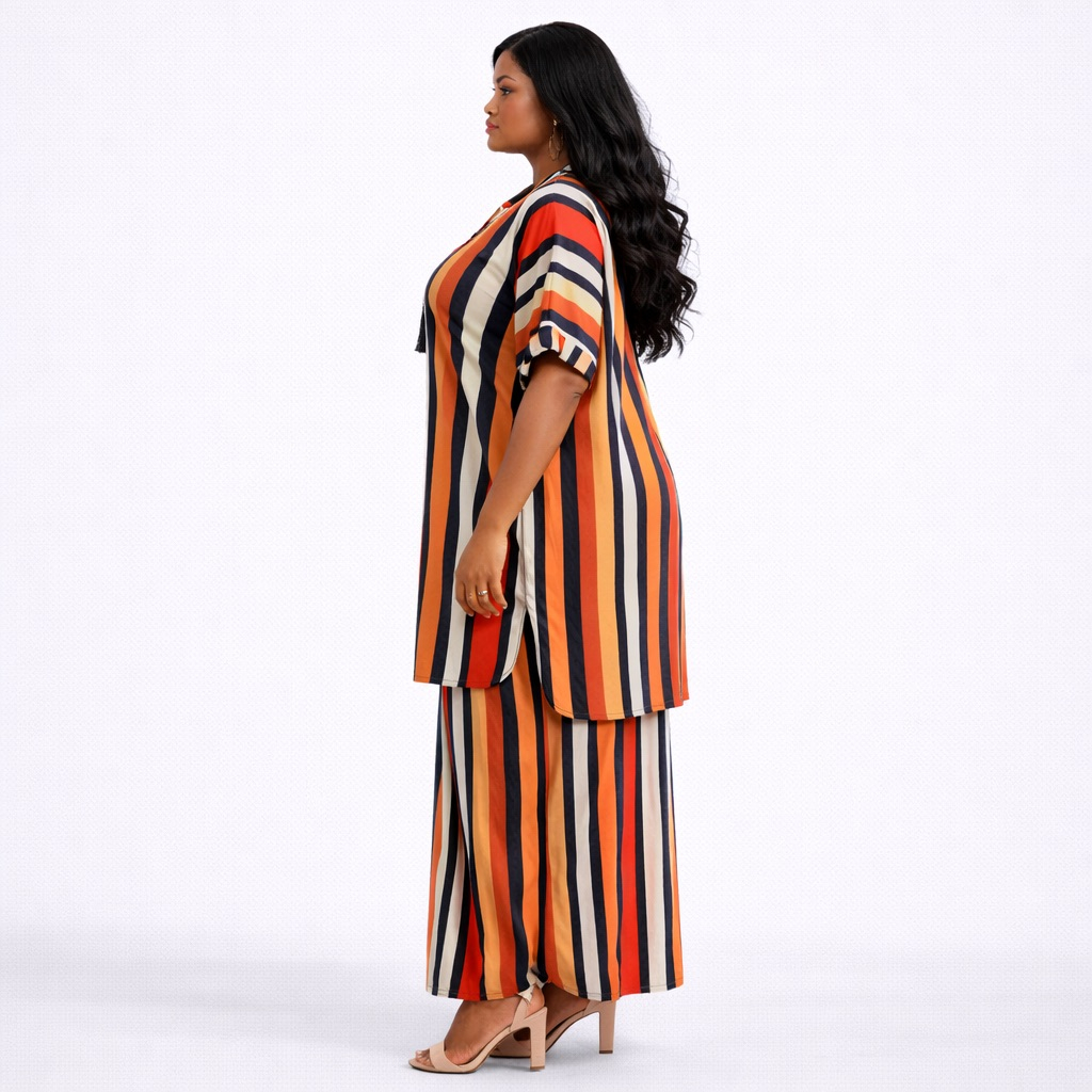 Multicolor Striped Kaftan Top and Pant Set with Tassel Detail