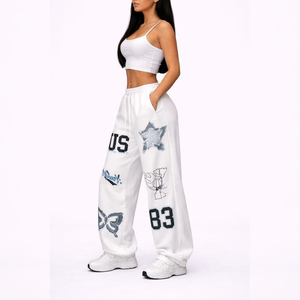 White Loose Fitting Graphic Sweatpants with Drawstring Waistband