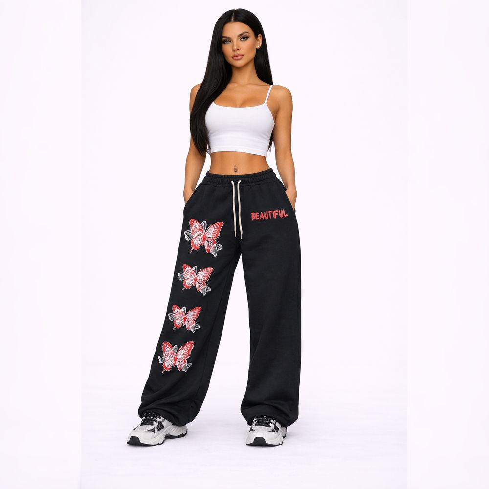 Black Sweatpants with Butterfly Prints and Text Detail