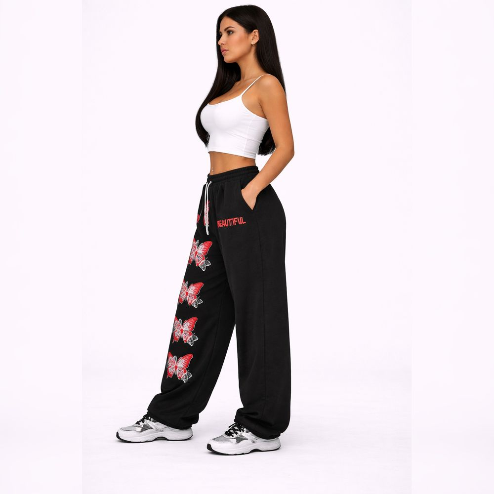 Black Sweatpants with Butterfly Prints and Text Detail