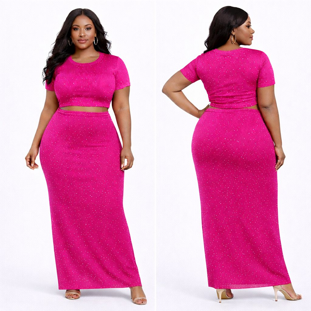 Women Pink Ribbed Two Piece Skirt Set
