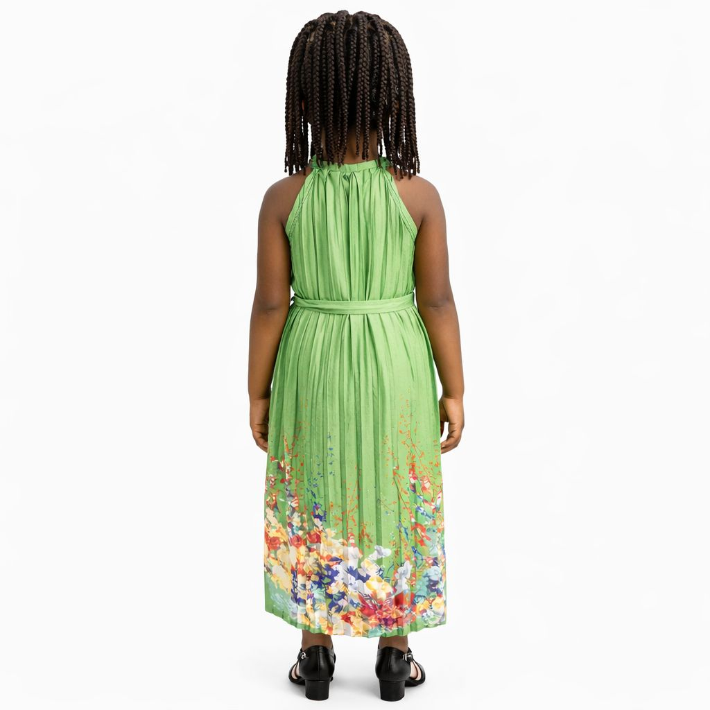 Girls Pleated Halter Neck Midi Dress with Waist Tie