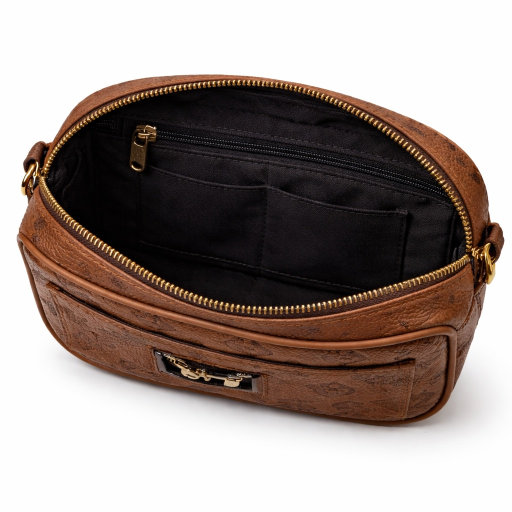 Premium Brown Monogram Embossed Leather Crossbody Mini Bag with Front Zipper Pocket and Compact Structured Design