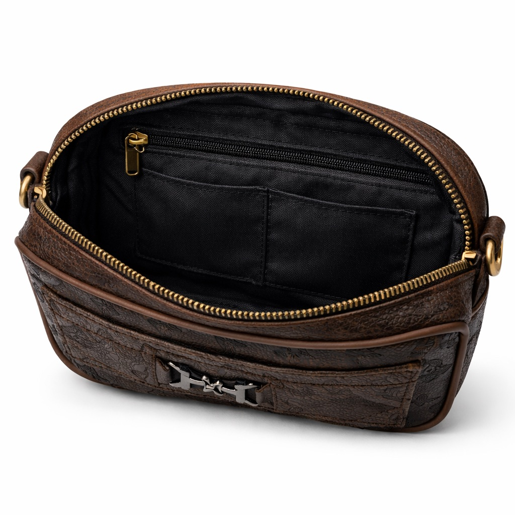 Premium Dark Brown Embossed Leather Clutch Pouch with Dual Zipper Compartments
