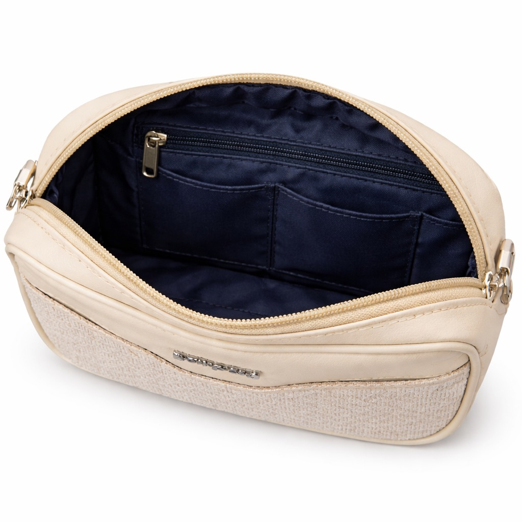 Elegant Cream Leather Hand Clutch Pouch with Textured Base Design and Dual Zipper Compartments