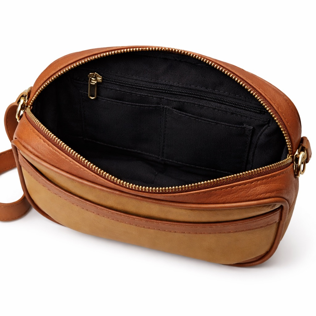 Classic Two Tone Leather Zip Crossbody Pouch Bag with Front Pocket and  Adjustable Strap