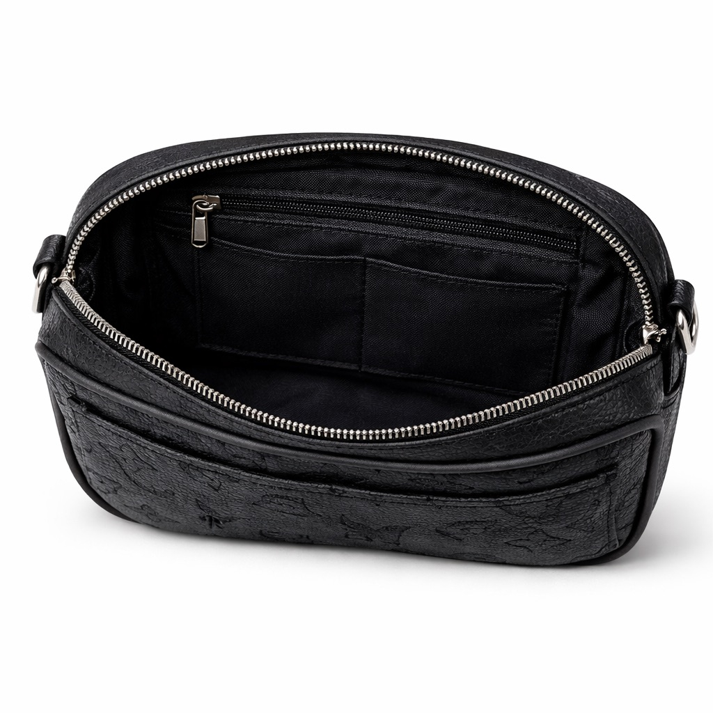 Premium Black Embossed Leather Crossbody Pouch Bag with Monogram Texture and Front Zip Pocket