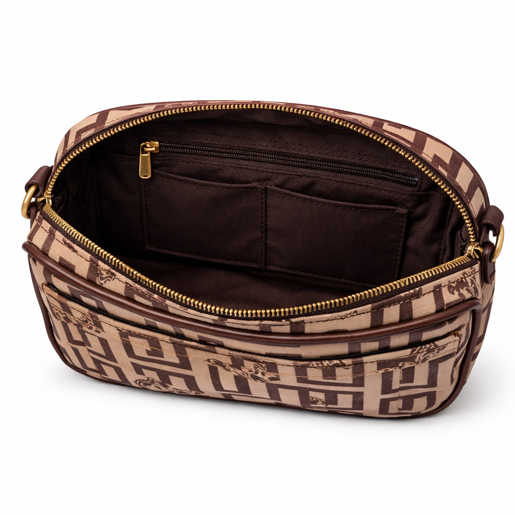 Luxury Brown Geometric Pattern Crossbody Pouch Bag with Front Zip Pocket  and Gold Tone Hardware