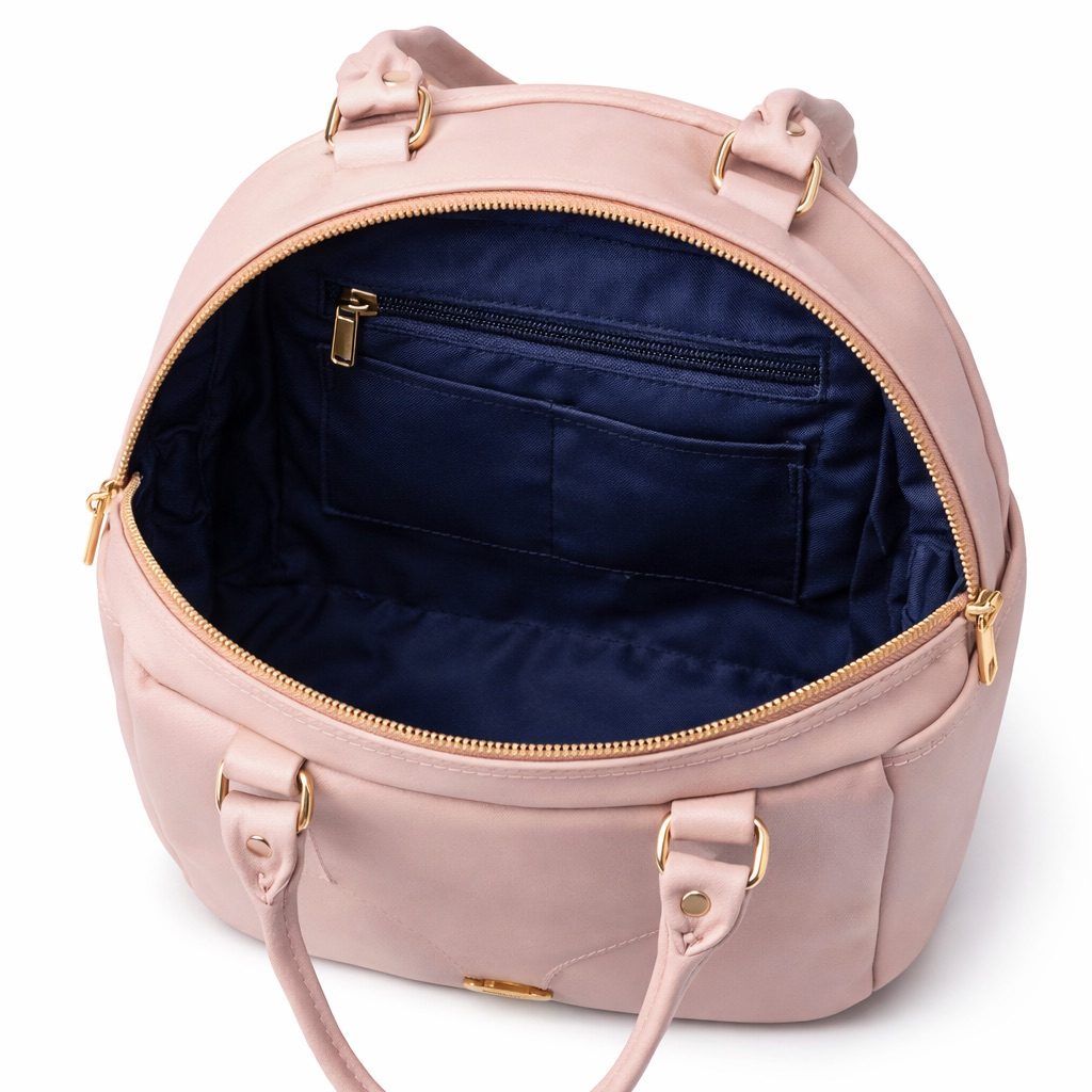 Elegant Mini Blush Pink Leather Handbag with Front Zip Pocket and Decorative Bow Detail