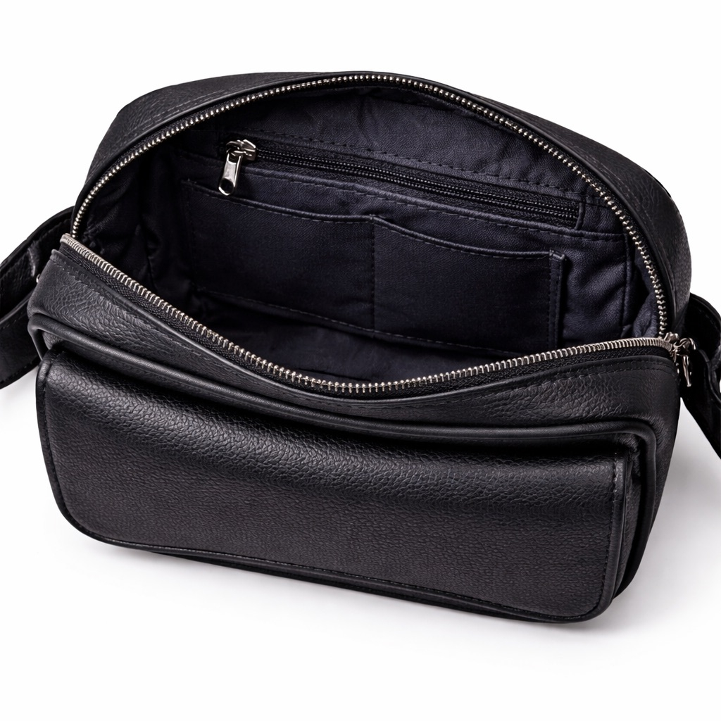 Premium Black Textured Leather Crossbody Pouch Bag with Flap Pocket