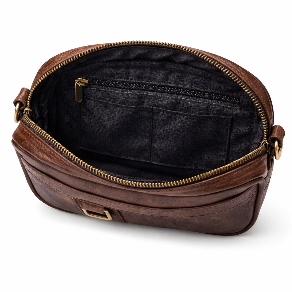 Vintage Dark Brown Leather Crossbody Pouch Bag with Dual Zip Compartments and Front Utility Pocket
