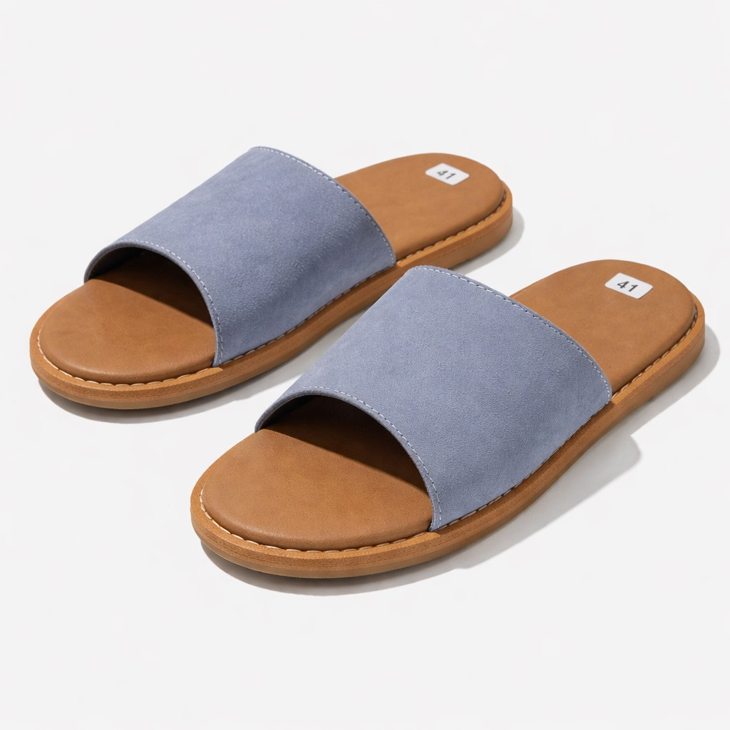 Minimalist Grey Leather Slide Slippers with Metallic Logo Detail