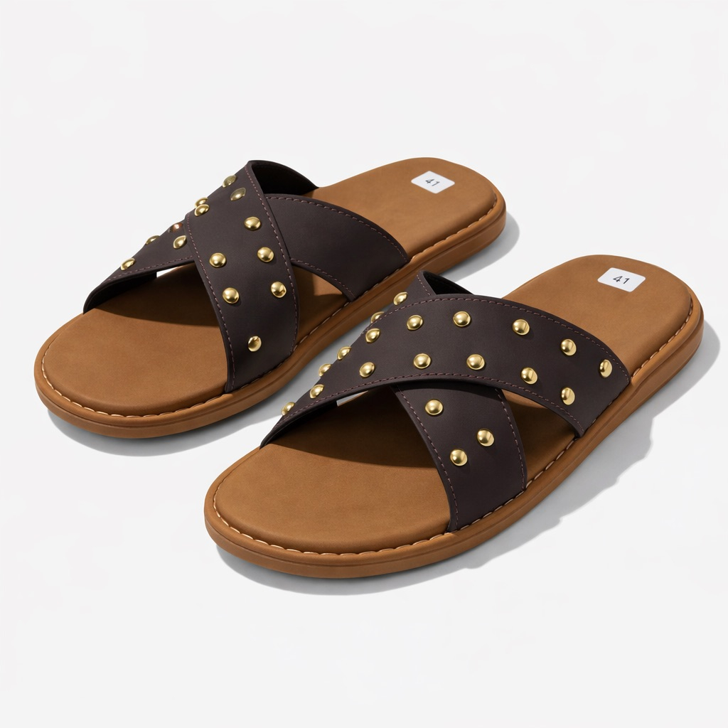 Stylish Dark Brown Cross Strap  Leather Slide Slippers with Gold Stud Detailing and Cushioned Sole