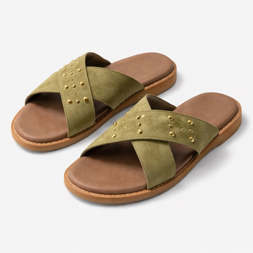 Stylish Olive Green Cross Strap  Leather Slide Slippers with Gold Stud Detailing