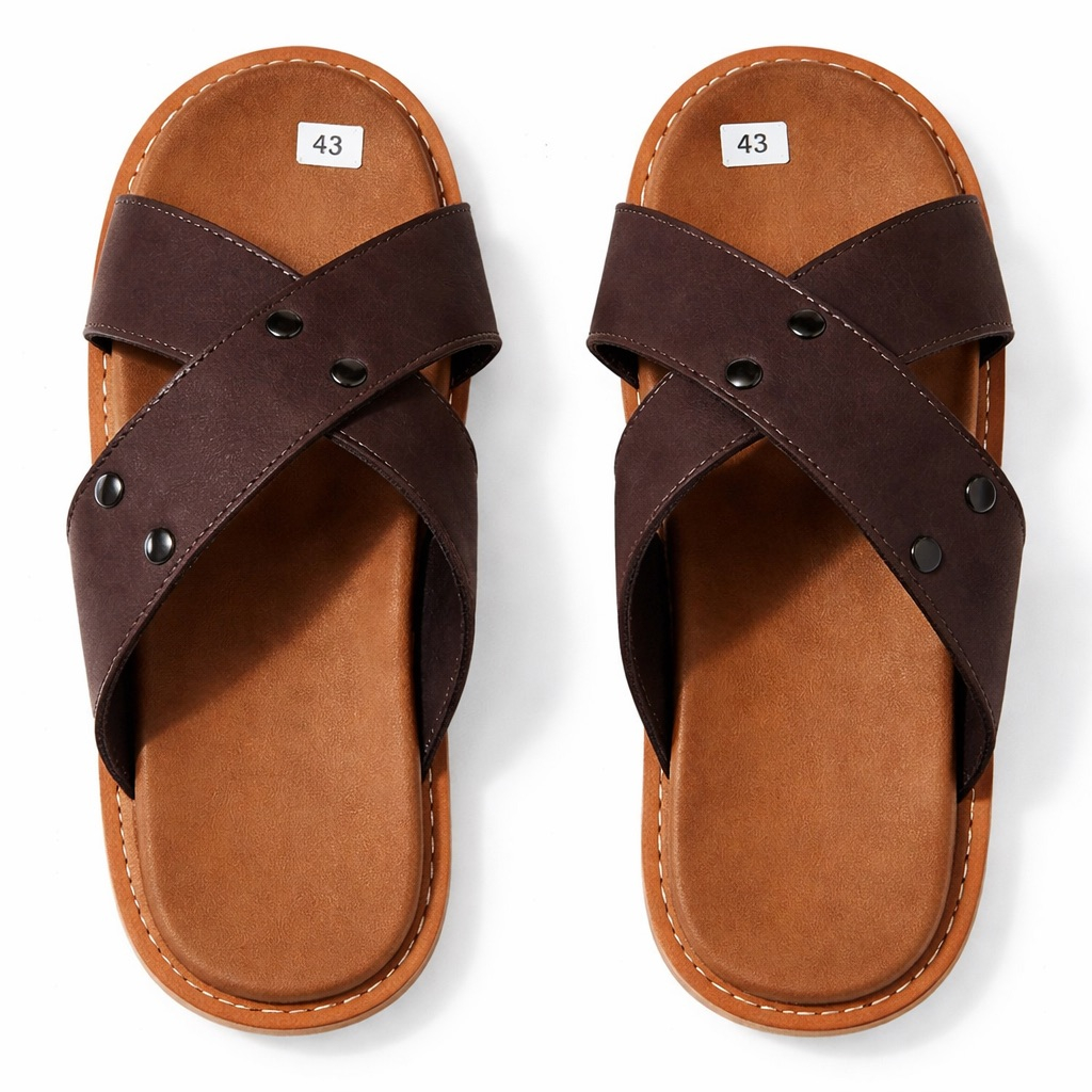 Premium Dark Brown Cross Strap Leather Slide Slippers