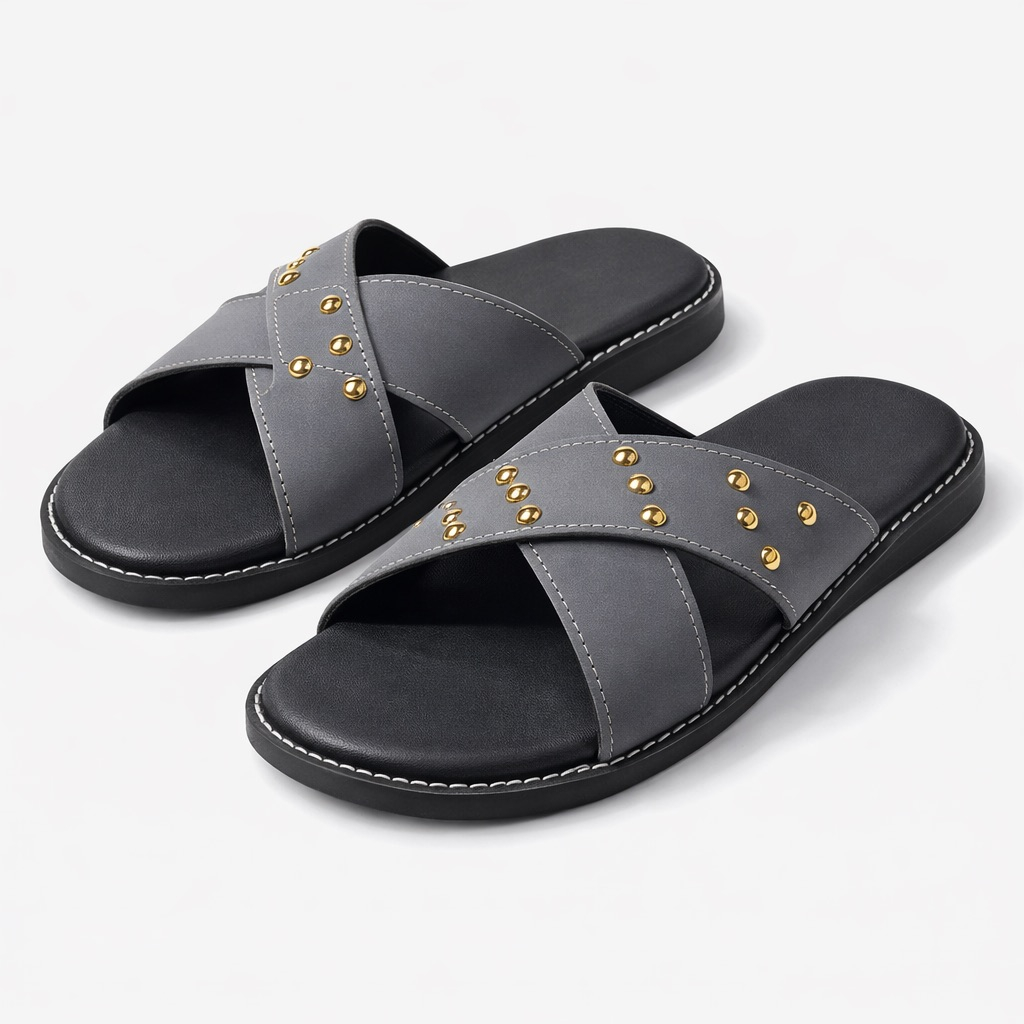 Stylish Grey Cross Strap Leather Slide Slippers with Gold Stud Detailing  and  Cushioned Sole