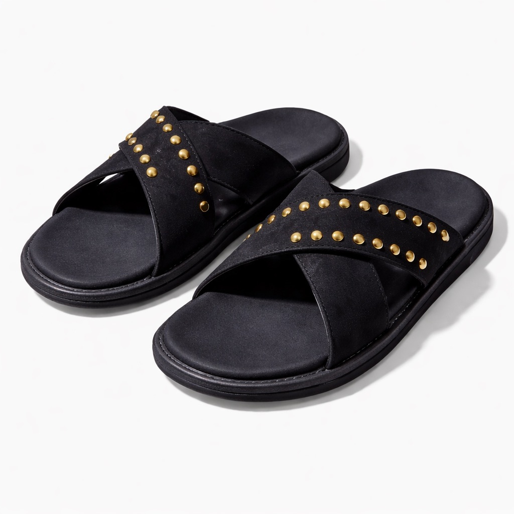 Stylish Black Cross Strap Leather Slide Slippers with Gold Stud Detailing