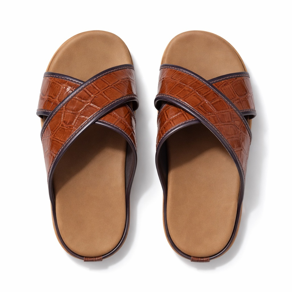 Premium Brown Croc Textured  Leather Cross Strap Slide Slippers
