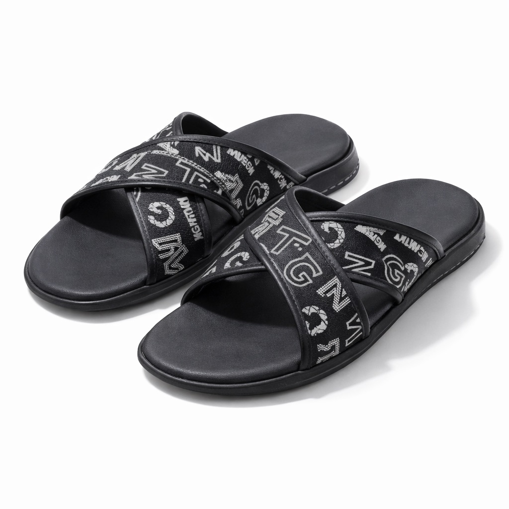 Premium Black Graphic Print Cross Strap Slide Slippers