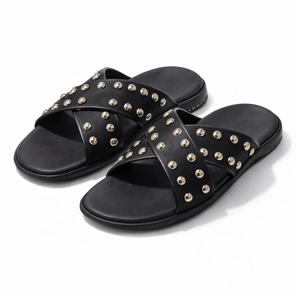 Premium Black Studded Leather Slide Slippers