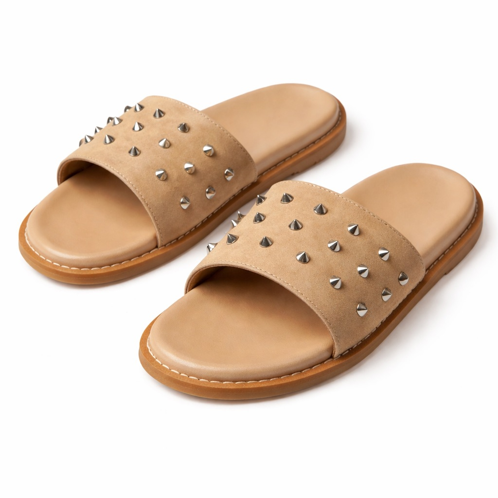 Beige Studded Slide Slippers