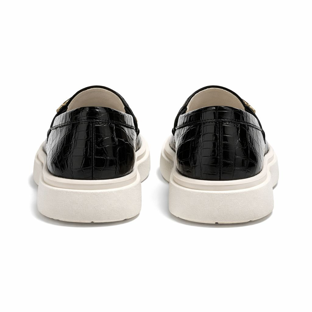 Glossy Croc Texture Slip On Loafers with Metal Accent