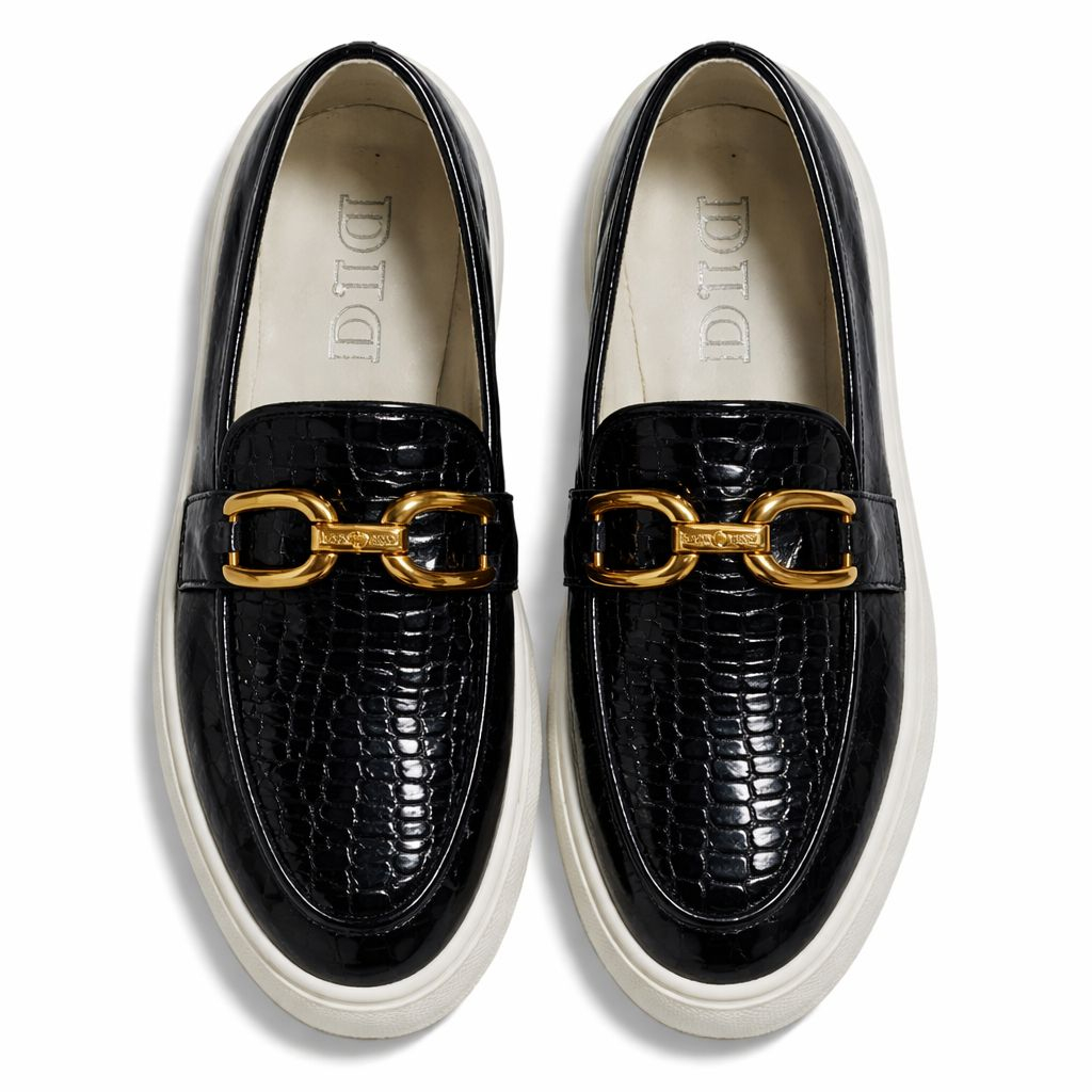Glossy Croc Texture Slip On Loafers with Metal Accent