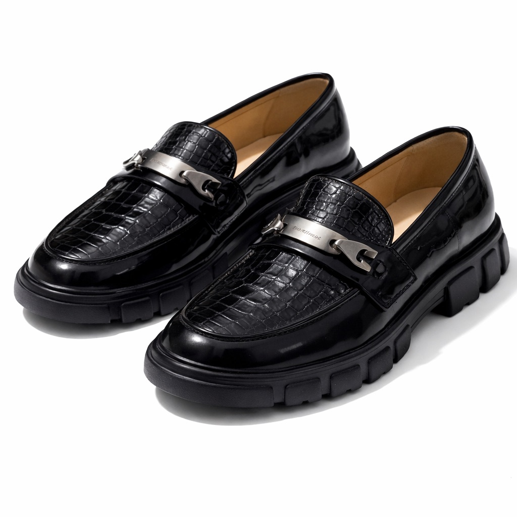 Mens Black Croc Texture Patent Leather Loafers with Metal Bit Detail