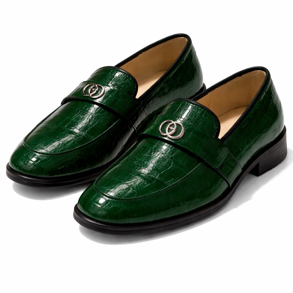 Green Croc Embossed Leather  Loafers  with Metal Logo Accent