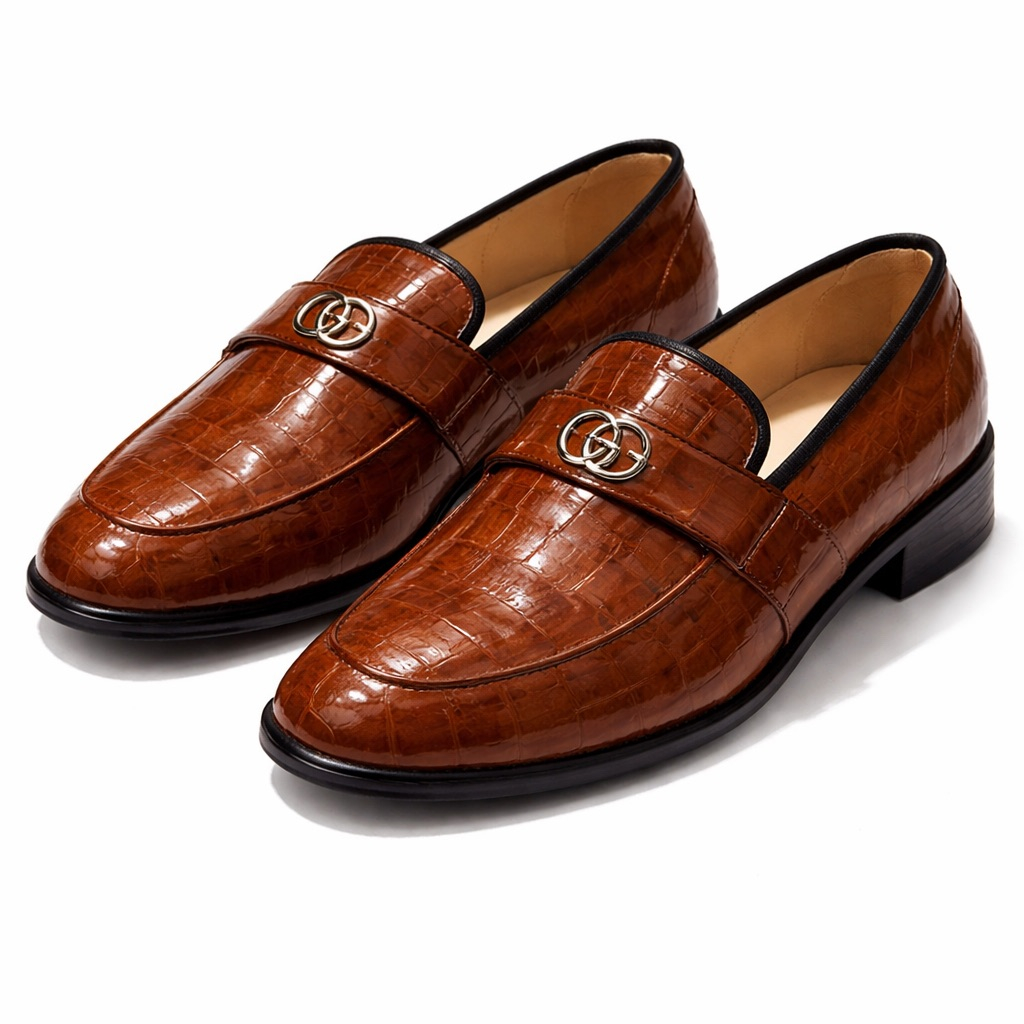 Brown Croc Embossed Leather  Loafers with Metal Logo Accent