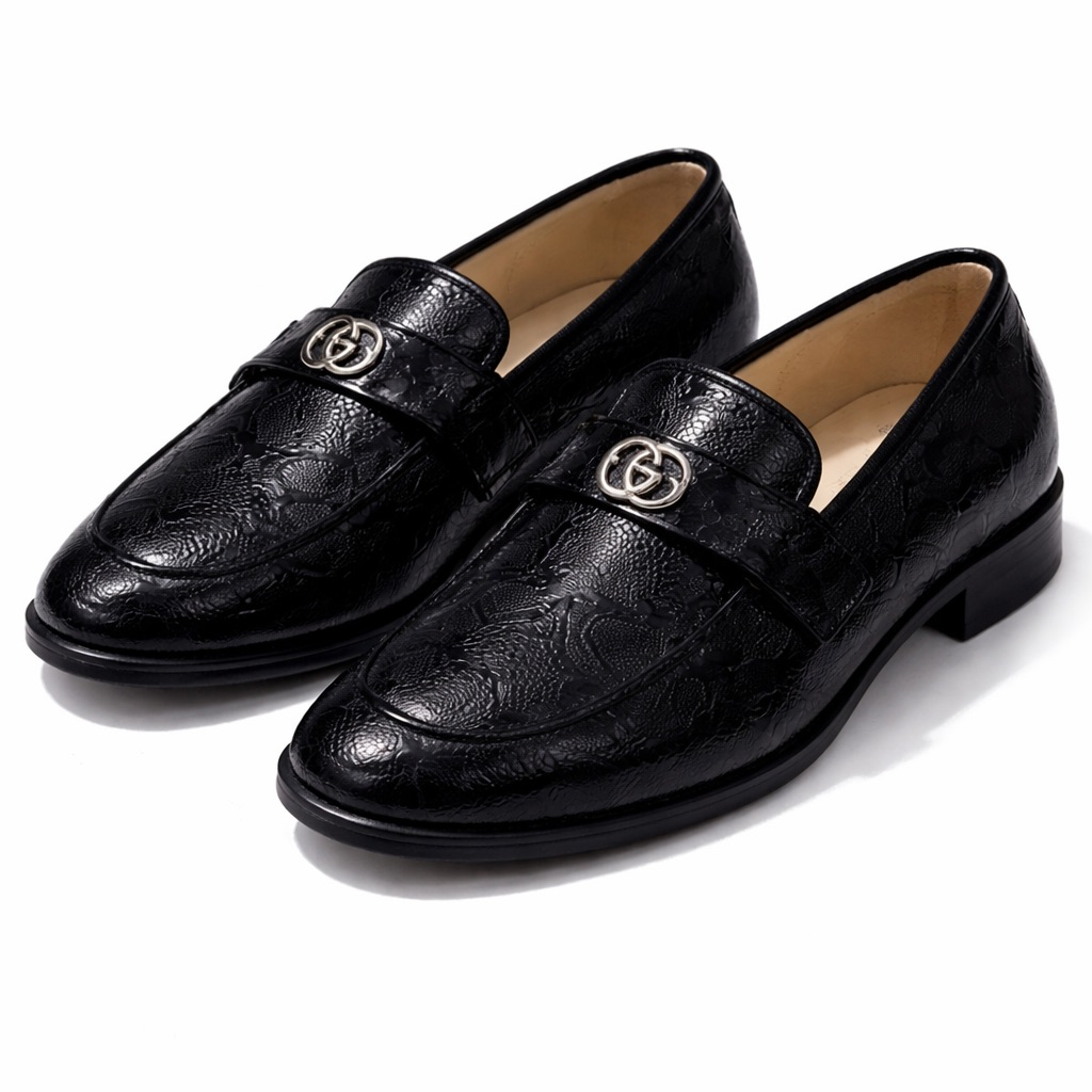 Black Textured Leather Loafers with  Metal  Logo Accent