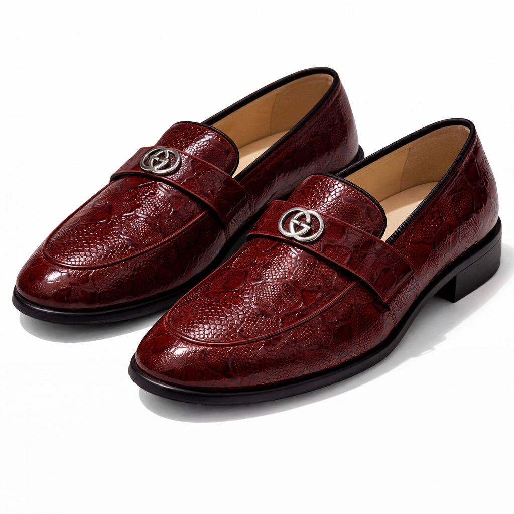 Wine Red Textured Leather Loafers with Metal Logo  Accent
