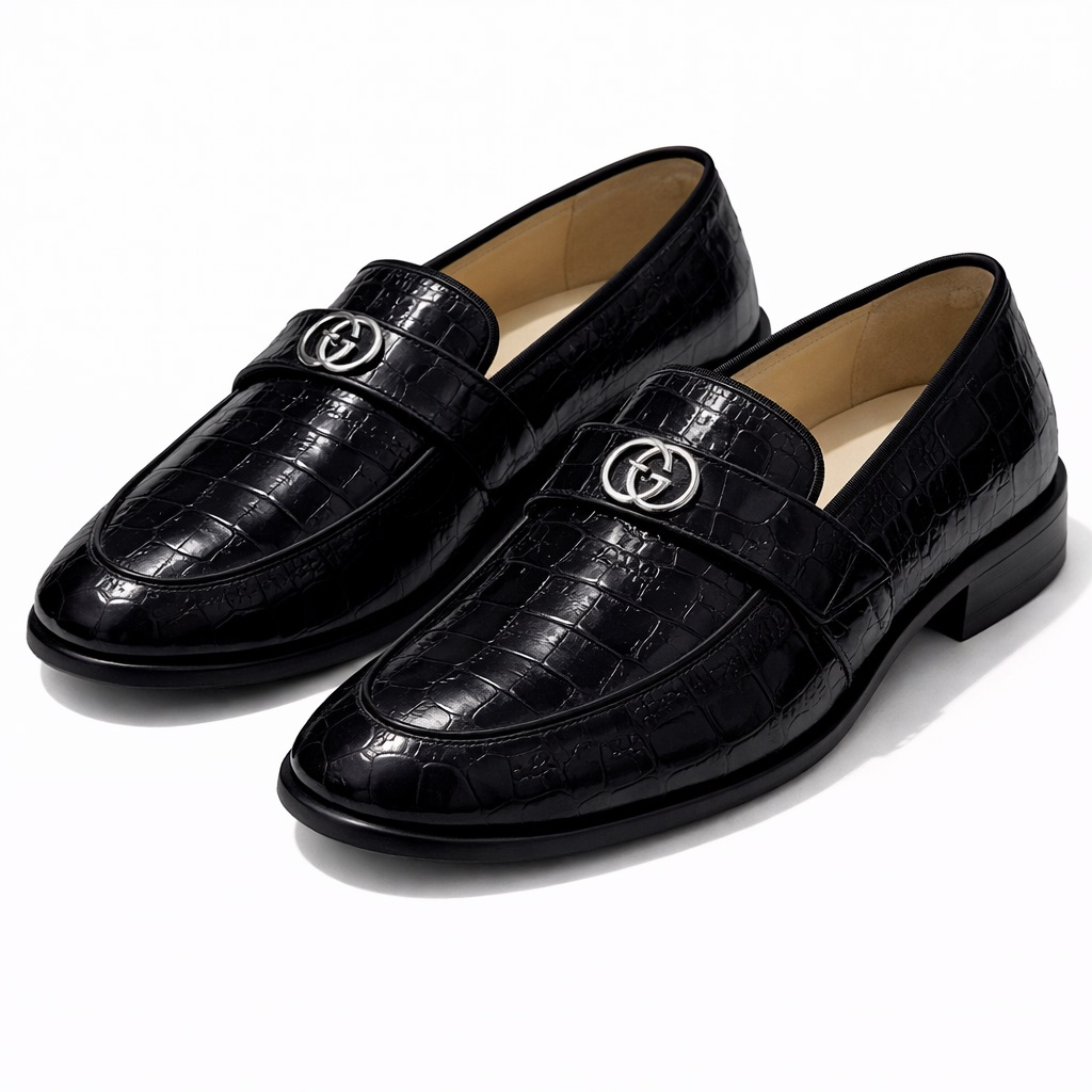 Black Croc Embossed Leather Loafers with  Metal Logo  Accent
