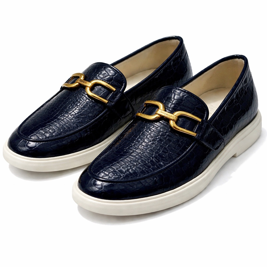 Black Croc Embossed Platform  Loafers with  Gold Horsebit Detail