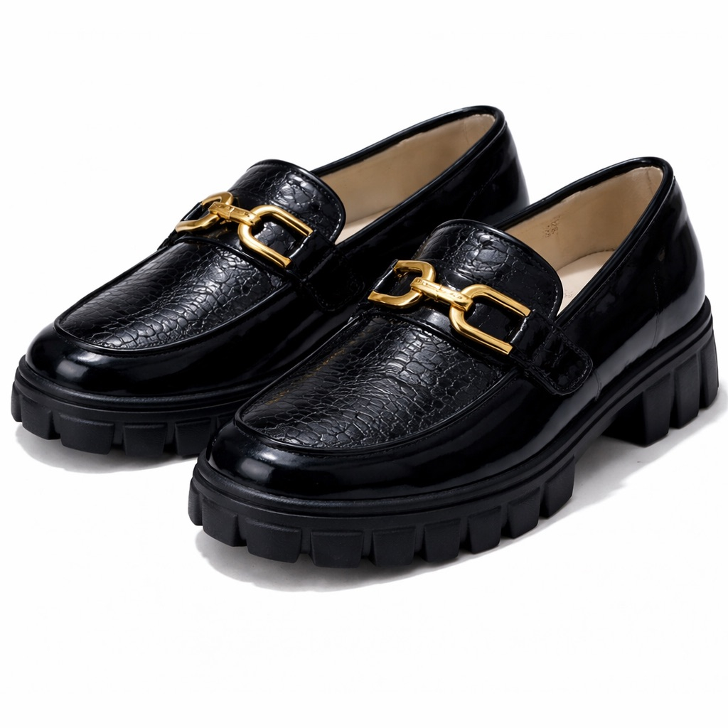 Black Textured Leather Lug Sole Loafers  with Gold  Horsebit Detail
