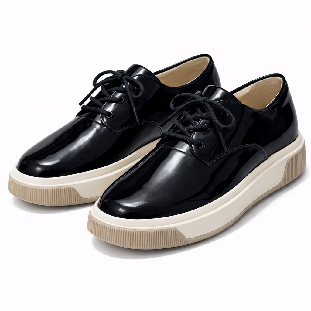 Black Patent Leather Lace Up Shoes with Chunky Rubber Sole